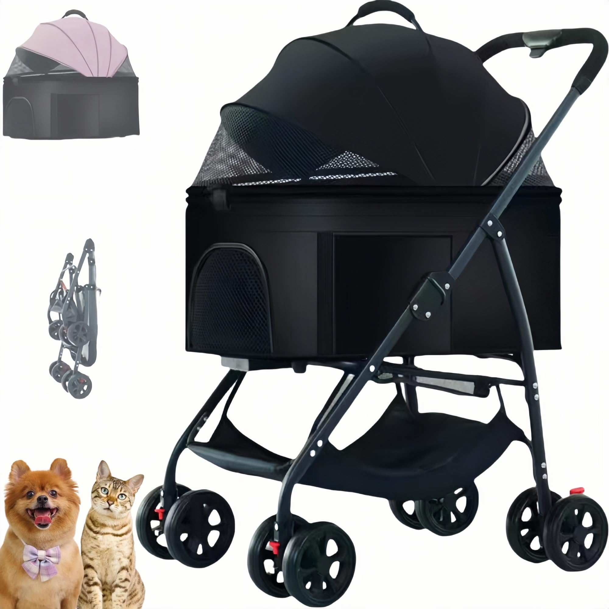 Passeggino da viaggio per animali domestici, pieghevole, per cani e gatti, con cestino portaoggetti e portabicchieri per un comodo viaggio