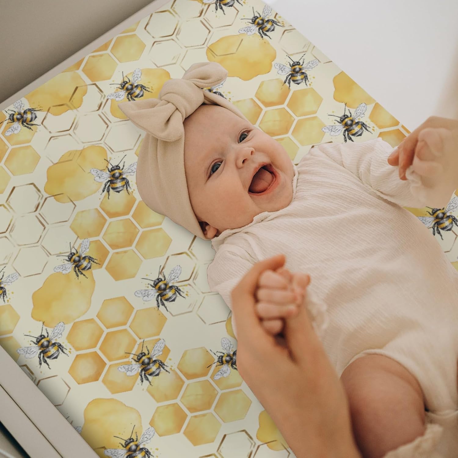 Vintage Honeycomb Bees Baby Changing Pad Covers for Boys Girls Yellow Bee Honey Fitted Change Table Pad Covers Mats Boho Spring Summer Soft Diaper Changing Table Sheets for 32''×16'' Contoured Pad