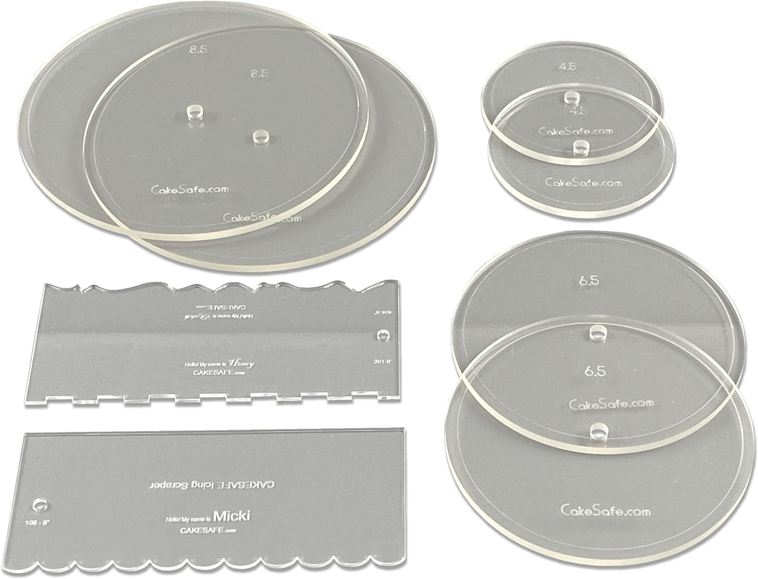 CAKESAFE Bare Necessities Cake Decorating Acrylic Disk Kit – 3 Sets -Round 4.5”, 6.5” and 8.5” Disk Sets (2 disks per size), 2-8" Icing Scrapers with 1 Scraper Edge and 3 Cake Comb Patterns