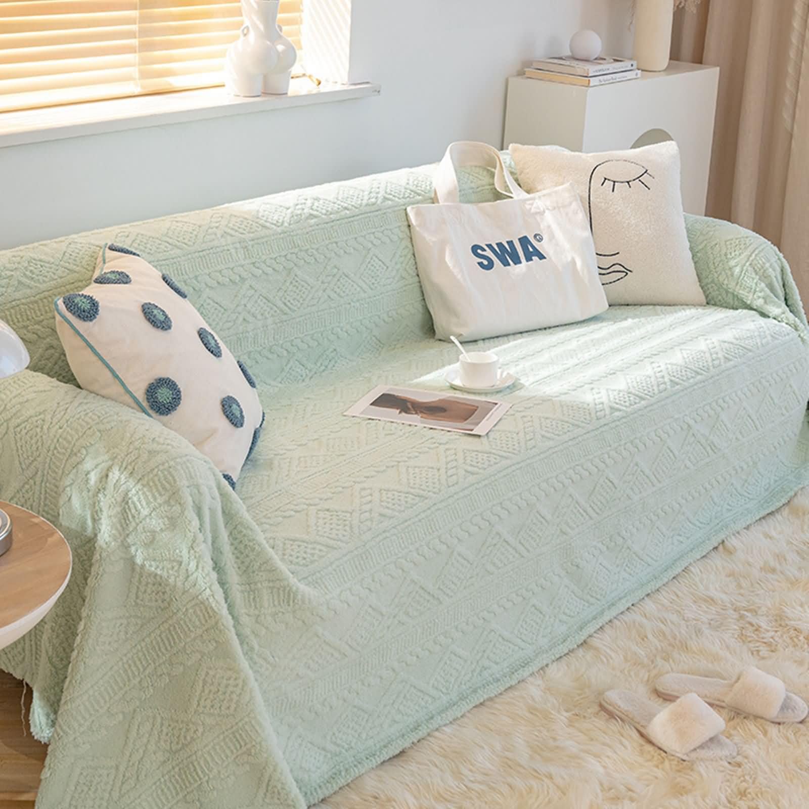 Canapé Protecteur Décorative, Multifonction Jeté de Canapé Couverture Couleur Unie avec Motif géométrique en Peluche réversible Vert Clair en Peluche, 180x320cm