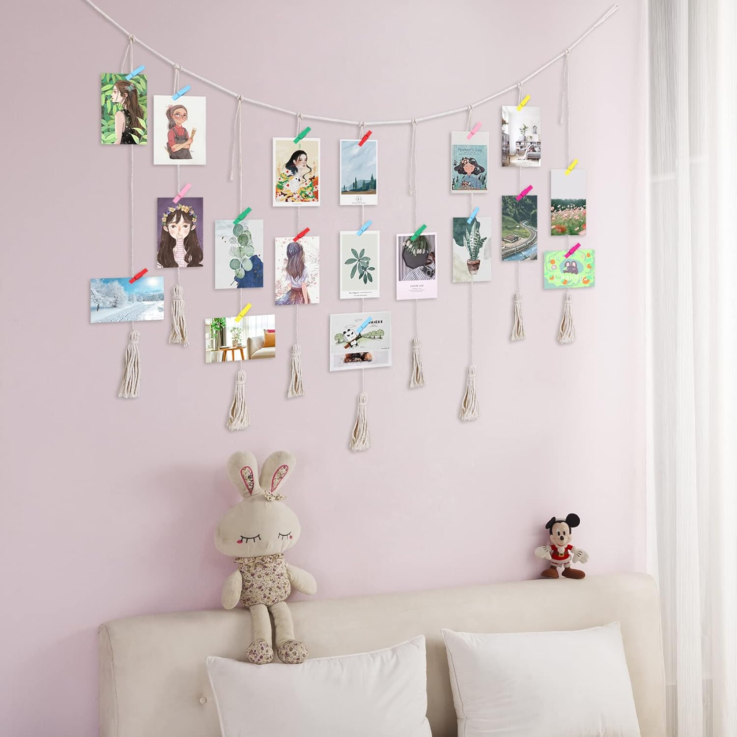 Hanging Photo Display, Macrame Wall Hanging Pictures Holders with 20 Wood Clips, Boho Collage Picture Frame for Wall Decoration, for Rustic Country Decor, Home, Office, Nursery Room - Image 5