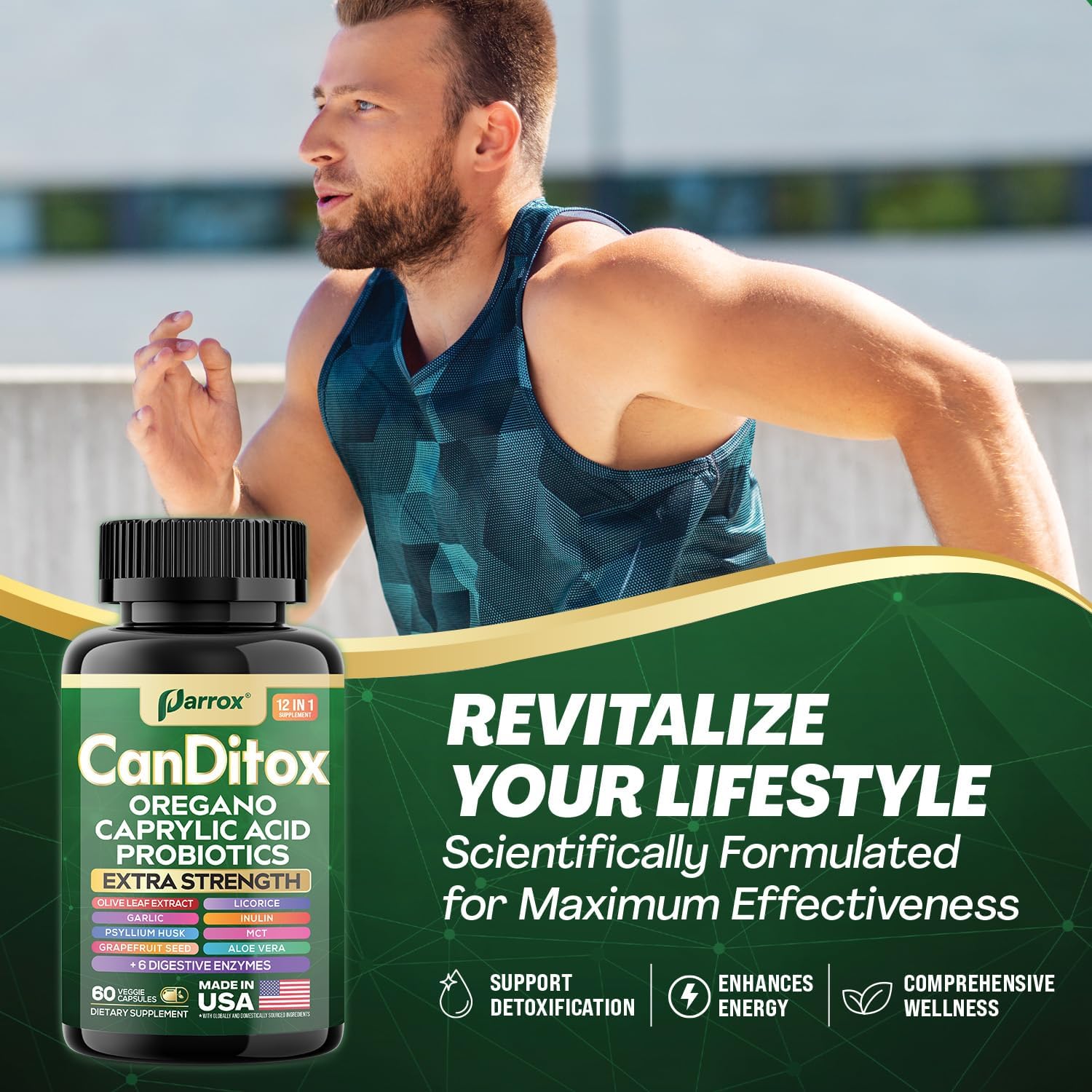 CanDitox Capsules, Oregano, Caprylic Acid, Garlic, Olive Leaf, Psyllium Husk, Licorice, Probiotics, Inulin, Aloe Vera, MCT Oil, Grapefruit Seed, Digestive Enzymes, Bromelain, Lipase 60 Capsules
