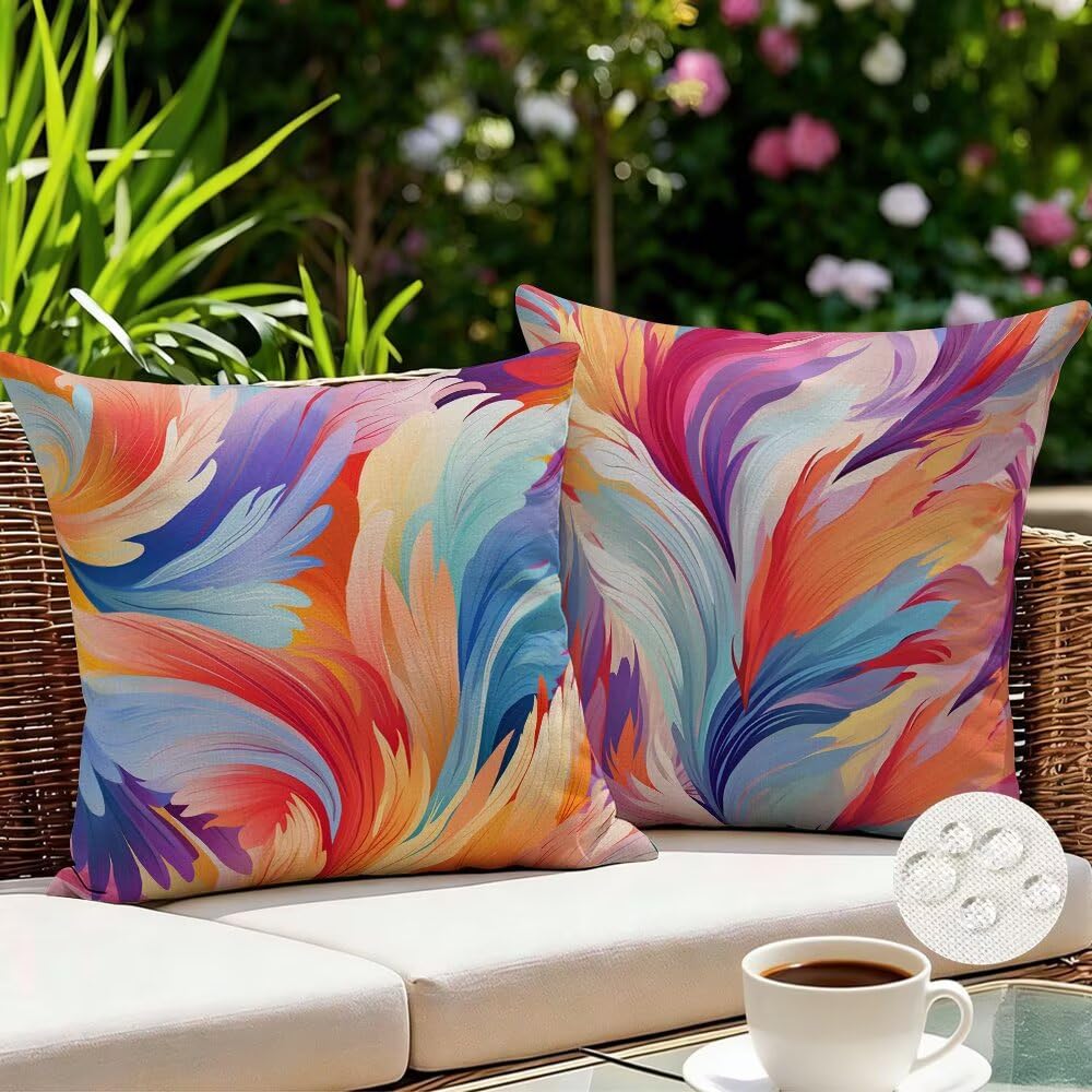 Outdoor Cushions Waterproof Colourful Cushion Covers 35cm x 35cm Set of 2 Leaf Garden Cushions Abstract Cushion Cover Decorative Pillows Linen Throw Pillow Case for Couch Sofa Patio Garden (IU229)