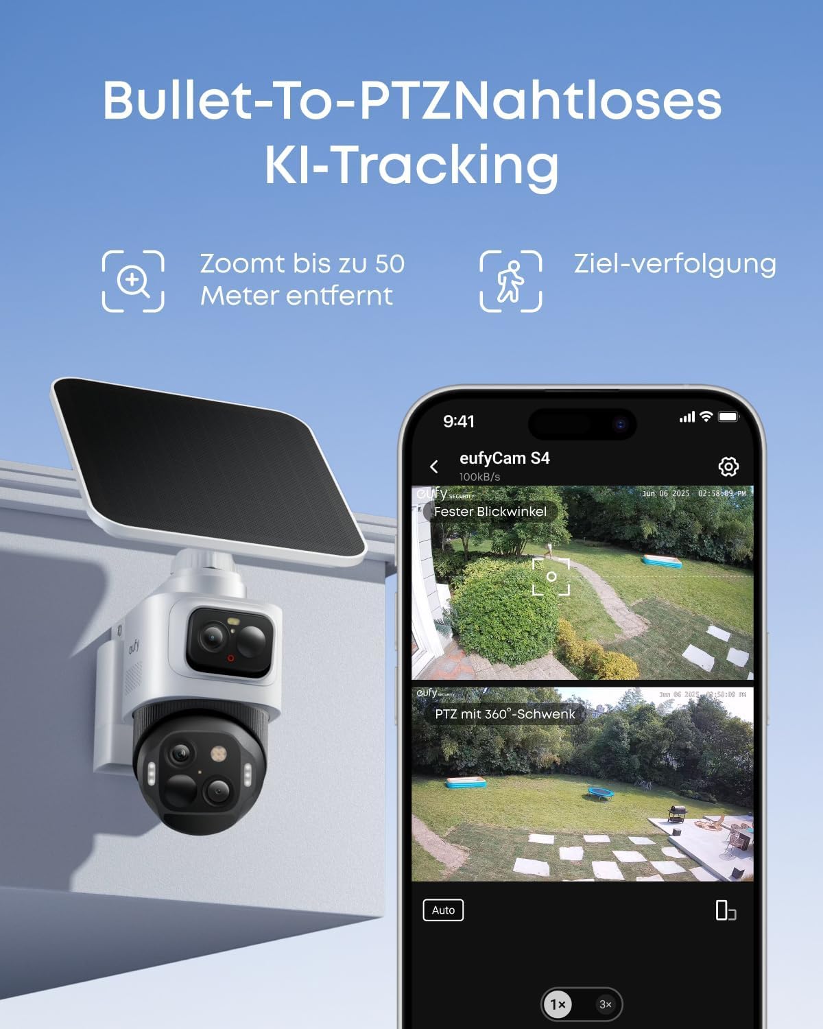 eufyCam S4 4‑Kamera‑Set, kabellose Solar‑Überwachungskamera außen, 3‑Linsen Bullet‑PTZ‑Kamera, 4K UHD, 360° Multi‑Kamera‑Tracking, Auto‑Tracking, 8× Hybridzoom, Farbnachtsicht, 16TB lokaler Speicher