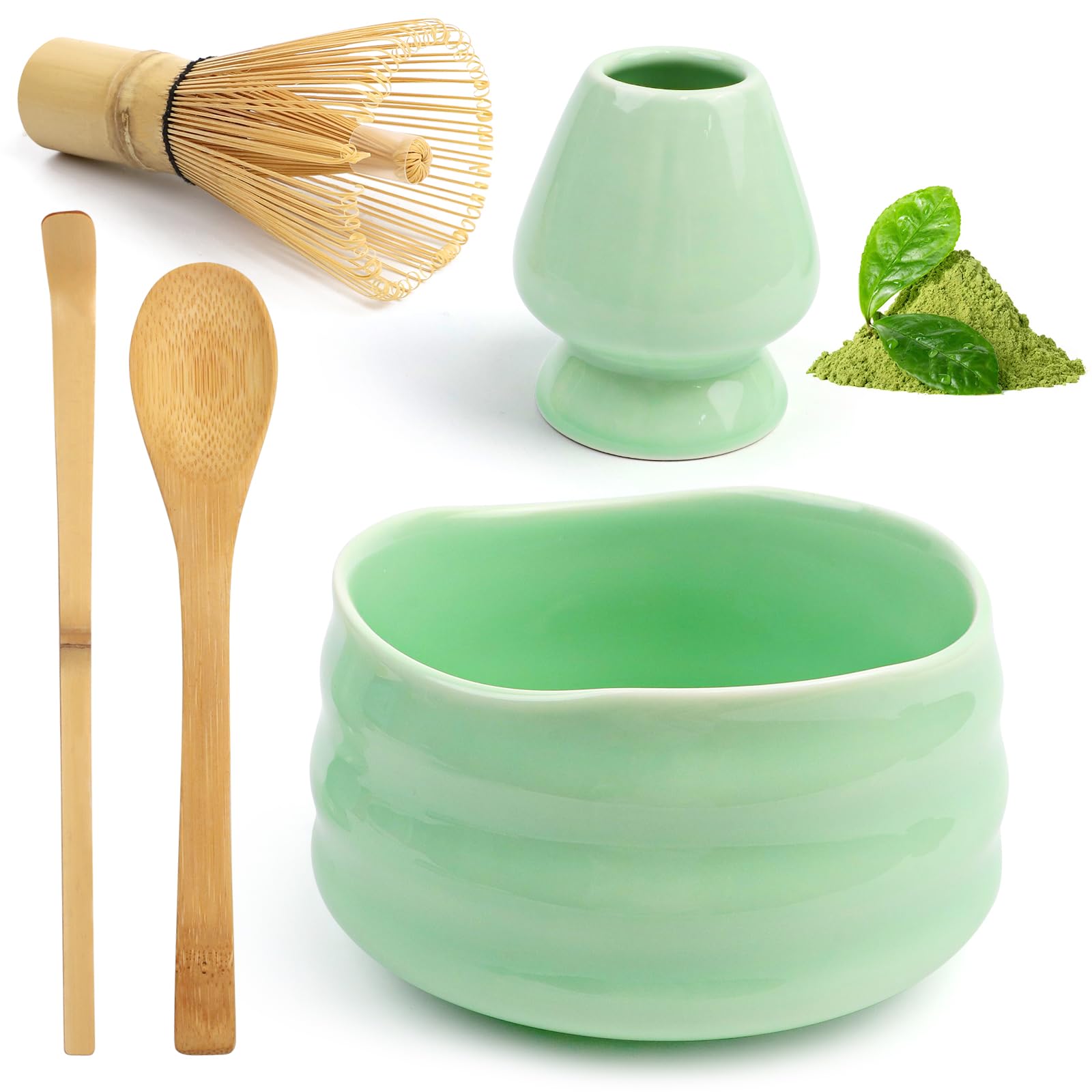 5 Teiliges Matcha Tee Set, Matcha Besen Set mit Matcha-Schneebesen, Besenhalter, Matcha Schale aus Keramik, 2 Teelöffel, Traditionell Japanische Teezeremonie, Beste Geschenk für Matcha-Liebhabern