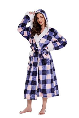 Cegerne Plush Robes for Women, Hooded Bathrobe Long Fluffy, Womens Fuzzy Fleece Warm Soft Cozy Robe - Small-Medium - Blue Pink Plaid
