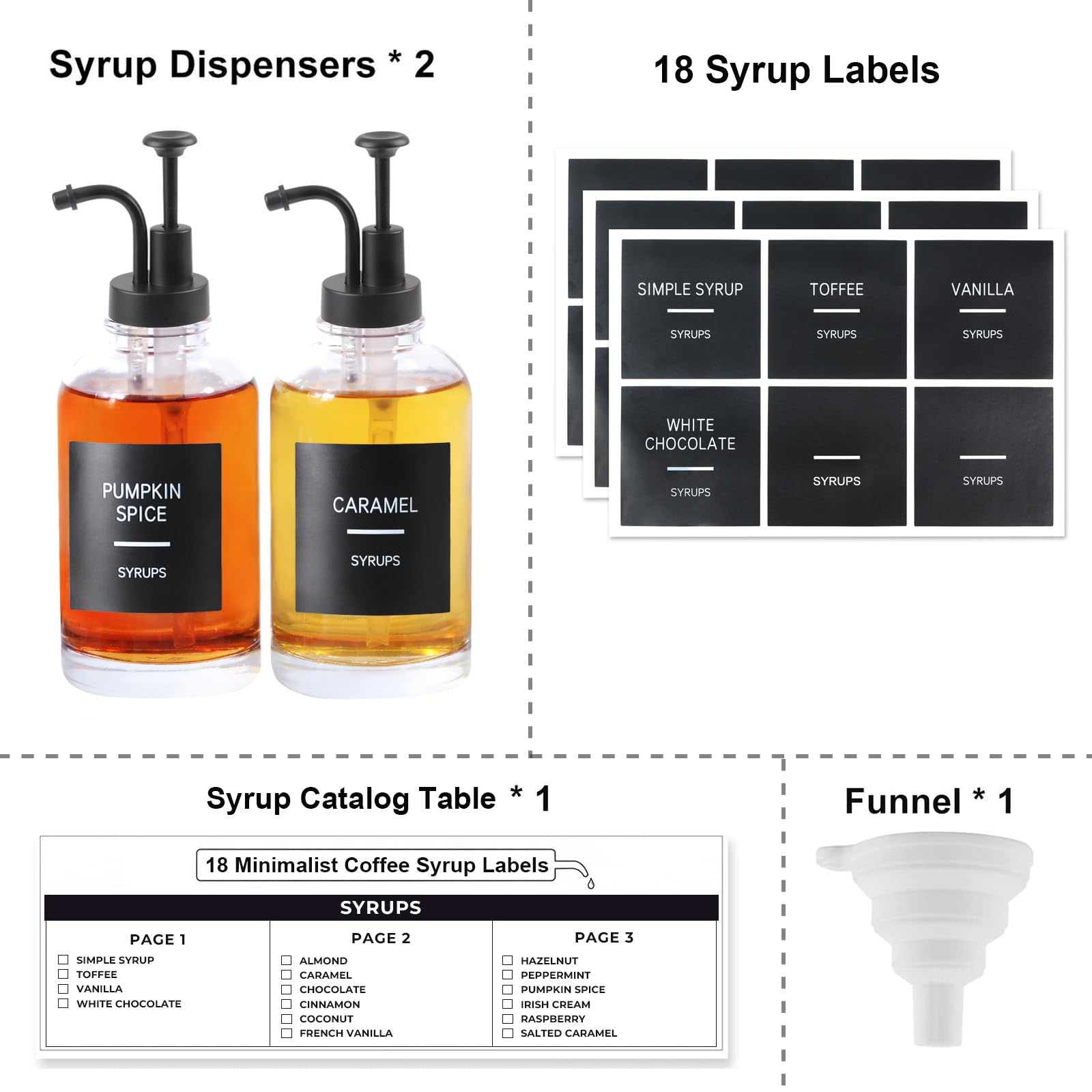 Kaffeesirupspender für Kaffeebar, 2 Stück, einfache Glas-Sirupflasche mit Pumpe und Etiketten, 500 ml Sirup-Pumpspender, Sirupspender, Schwarz