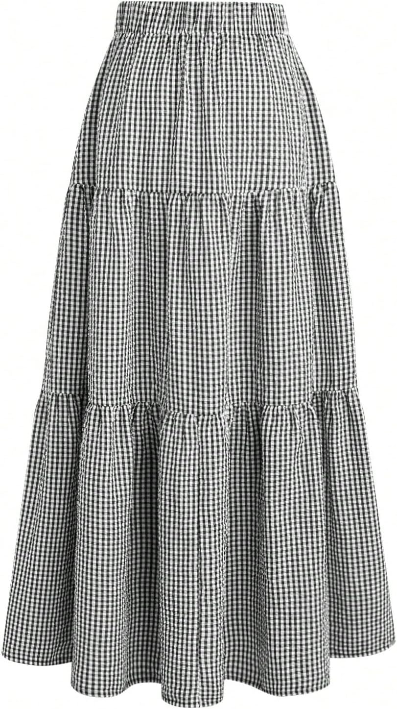 SOLY HUX Women's Plaid Gingham Maxi Skirt High Waisted A Line Ruffle Hem Long Flowy Skirts