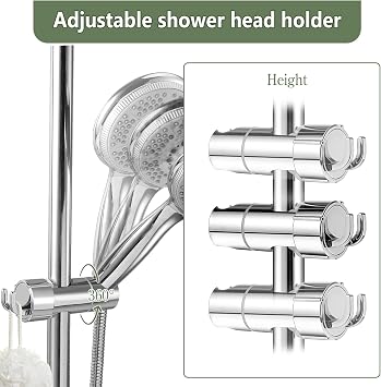 Blendura Adjustable Shower Head Holder, No-Drill Universal Holder Bracket,18–25mm Slider Rail Clamp Shower Head Holder Replacement with Dual Hooks,Bracket for Bathroom Accessories
