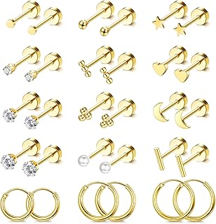 Small Gold Flat Back Stud Earrings for Women 14K Gold Plated Studs Hoop Earrings Surgical Steel FlatBack Earring Sets for Multiple Piercing Tiny Ball CZ Cartilage Earring Lightweight
