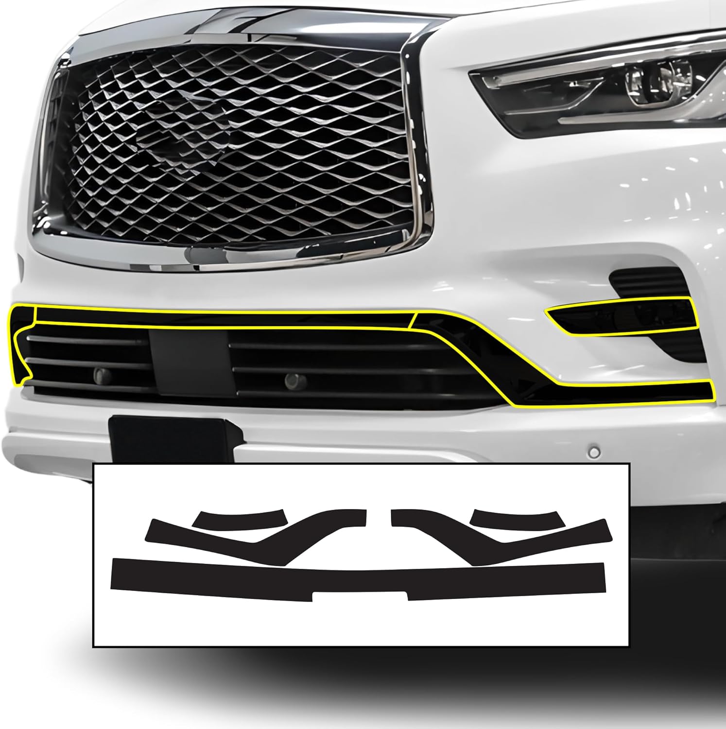 BOGAR TECH DESIGNS for Infiniti QX80 2018-2024 Lower Front Chrome Delete – Precut Vinyl Overlay Kit, Gloss Black Blackout Trim