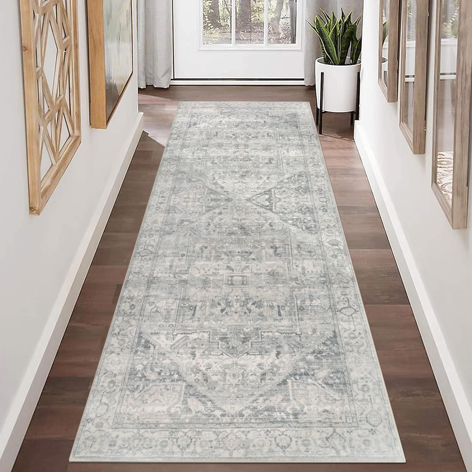 Homcomoda Boho Runner Rug 2'x6' Vintage Hallway Runner with Rubber Backing Low Pile Faux Wool Carpet Runners for Hallway Kitchen Bedroom Laundry