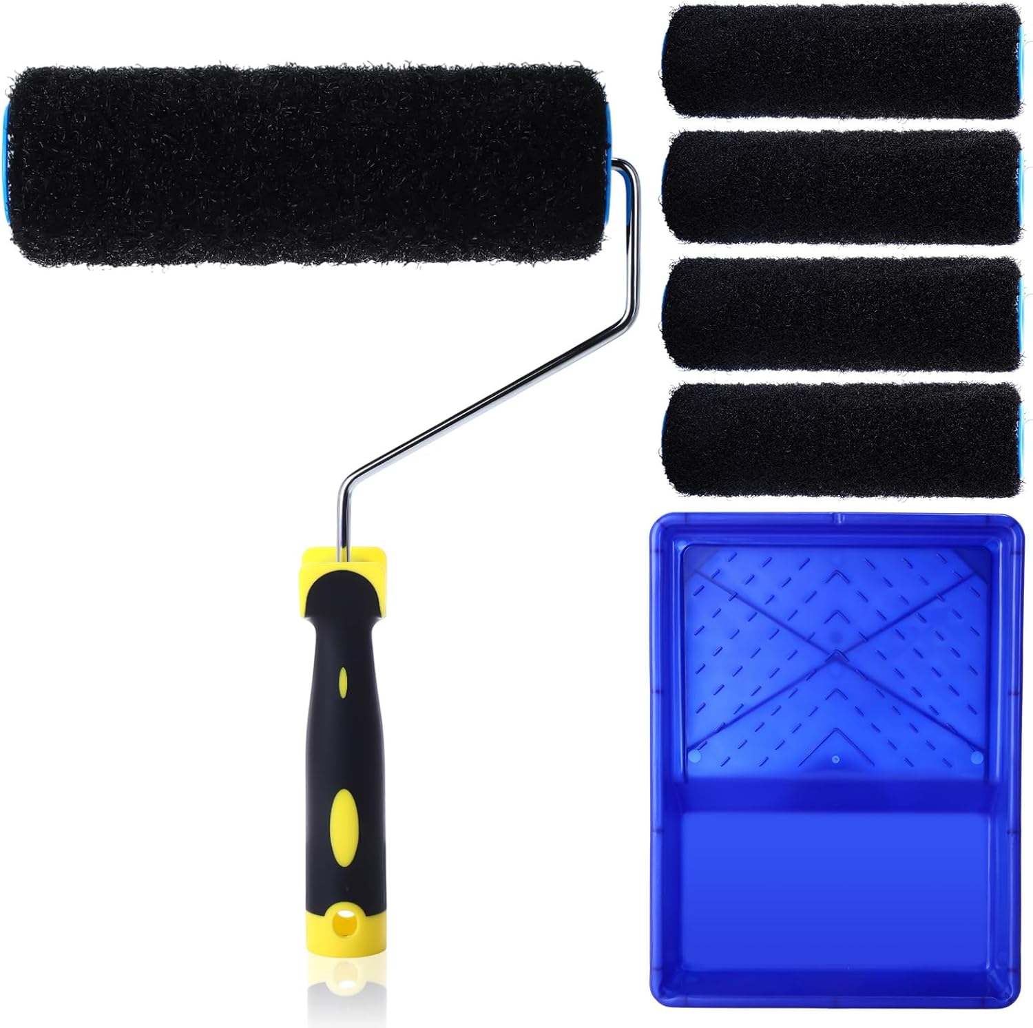 Lothee 5 Pcs 9 Inch Drywall Compound Roller Covers with Paint Roller Frame and Painting Tray, Heavy Duty Drywall Mud Texture Rollers Putty Rollers Brush for Spreading Wall Compound, Textured Coating