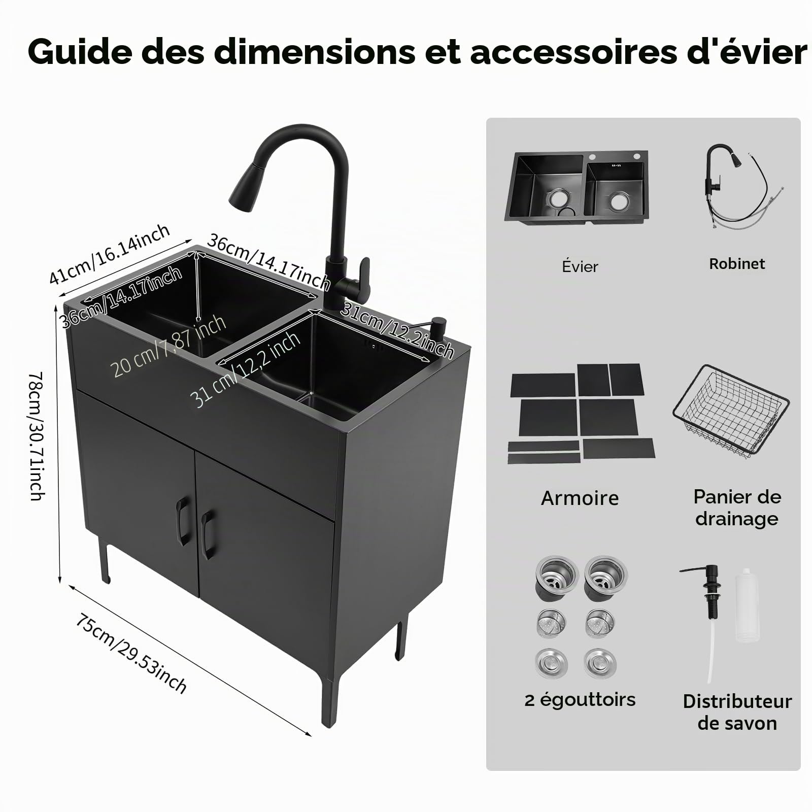 Évier de cuisine indépendant avec meuble de base et robinet coulissant, évier en acier inoxydable avec panier égouttoir, 75x41x78cm évier avec meuble de base, lavabo pour restaurants, pâtisseries et