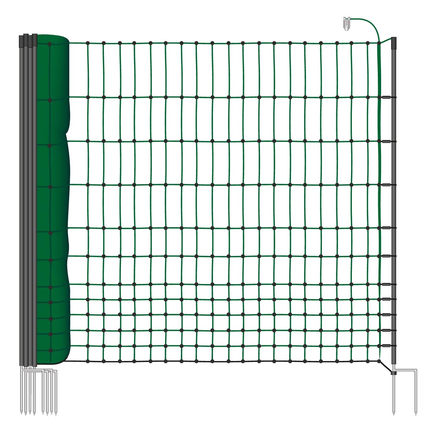 Malla eléctrica para gallinas “farmNET”, rollo de 25m de longitud y 112cm de altura, 9 postes con punta doble y kit de reparación