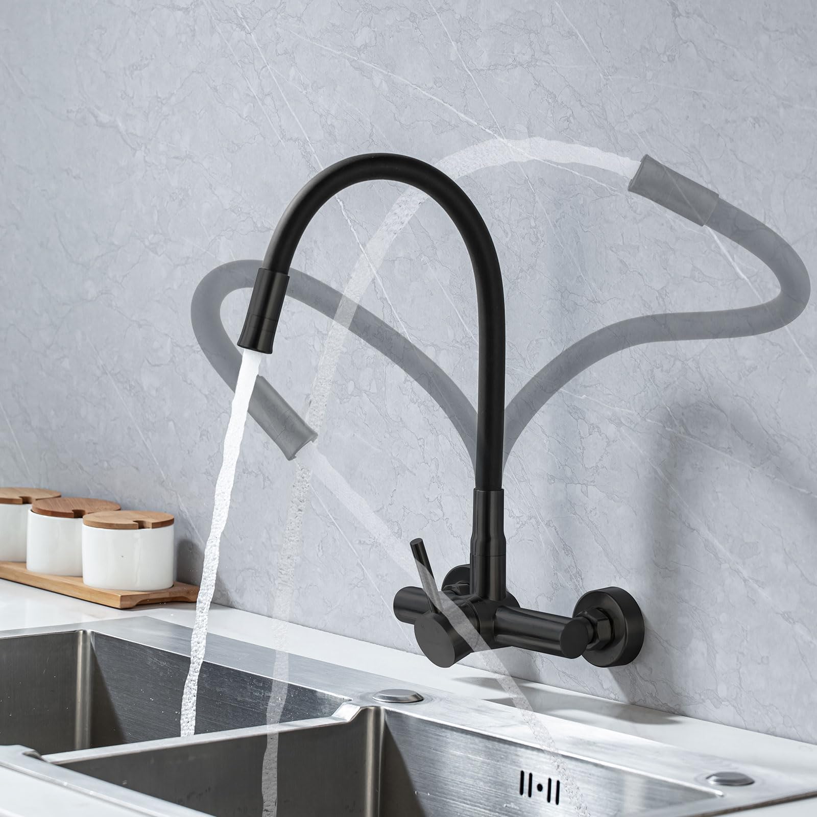 Robinet Cuisine Mural Noir avec Raccord 3/4" pour Lave-vaisselle Lave-linge | Robinet de Cuisine Evier Mural LakeBayMZC Acier Inoxydable avec Double Sortie,Mitigeur Mural avec Bec Flexible pour Cuisines