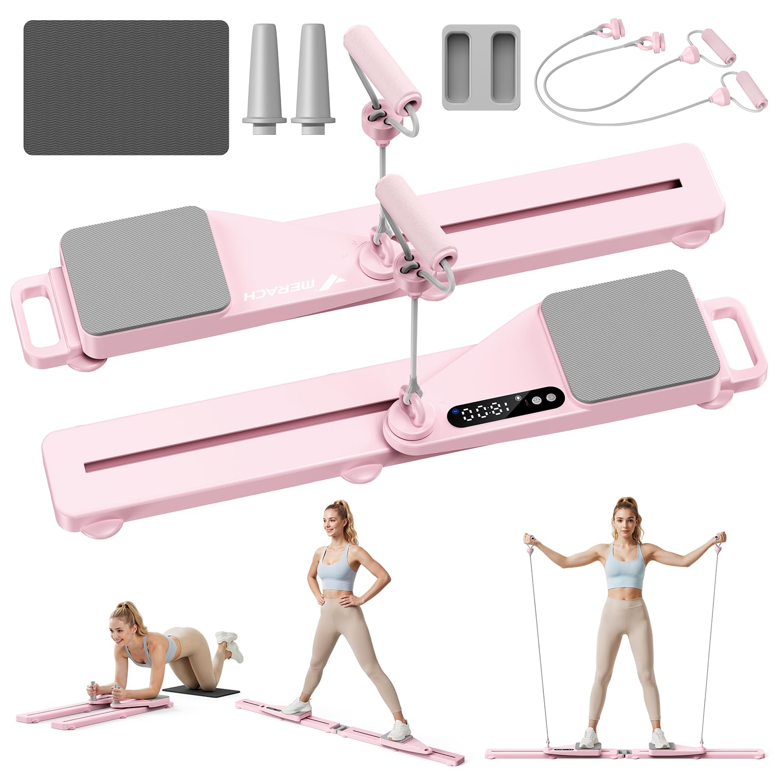 MERACH Pilates Reformer – Pilates Board Multifunktions Reformer für Pilates mit Widerstandsbändern zählen und Kniepolster, 120 KG klappbar, Fitnessgeräte für Zuhause Bauchtrainer für Zuhause