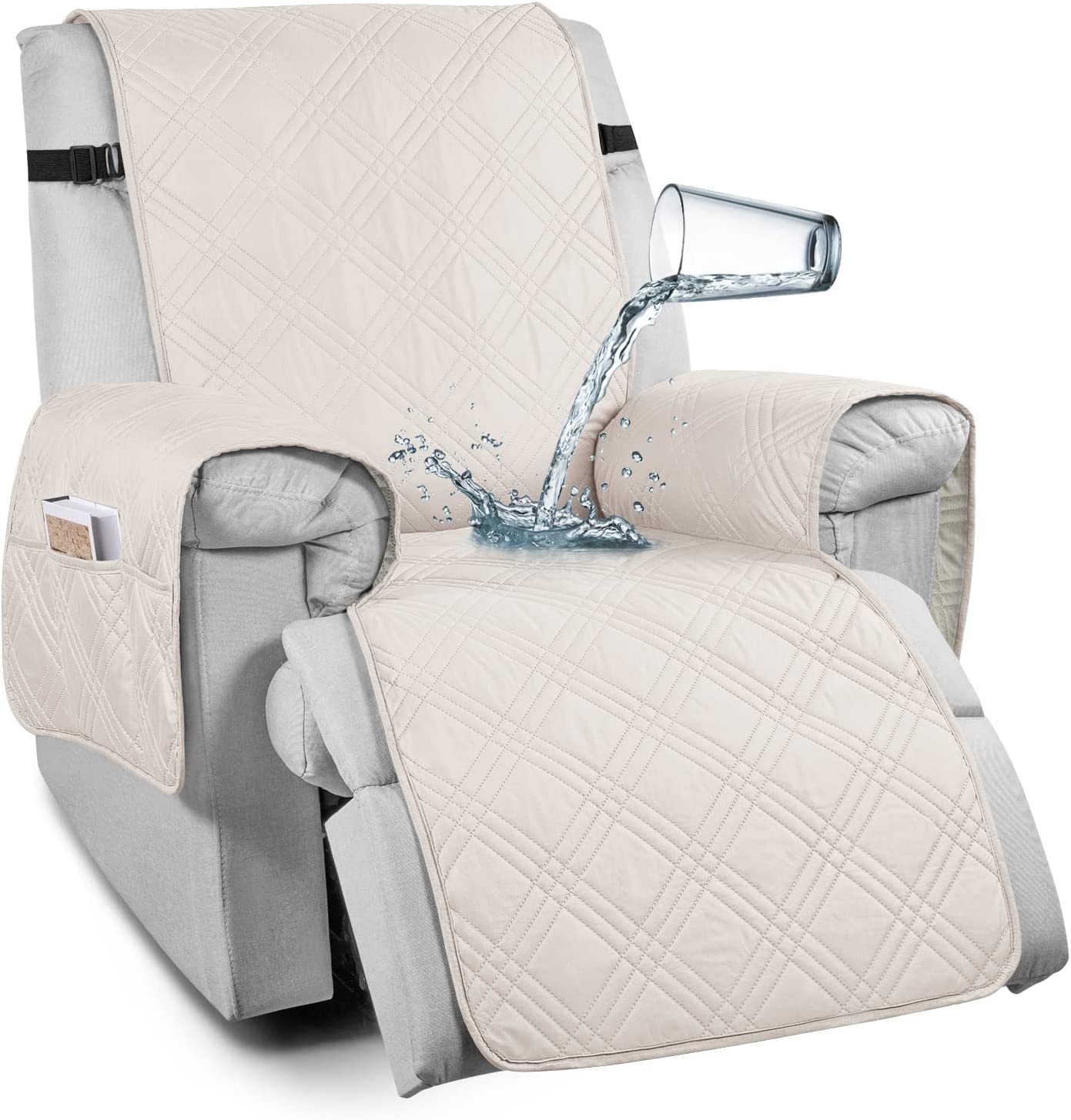 LINGKY Non-Slip Recliner Chair Cover Sofa Slipcover, 100% Waterproof Recliner Sofa Cover with Elastic Adjustable Strap, Split Reclining Sofa Slipcover Furniture Protector (Beige,Recliner)