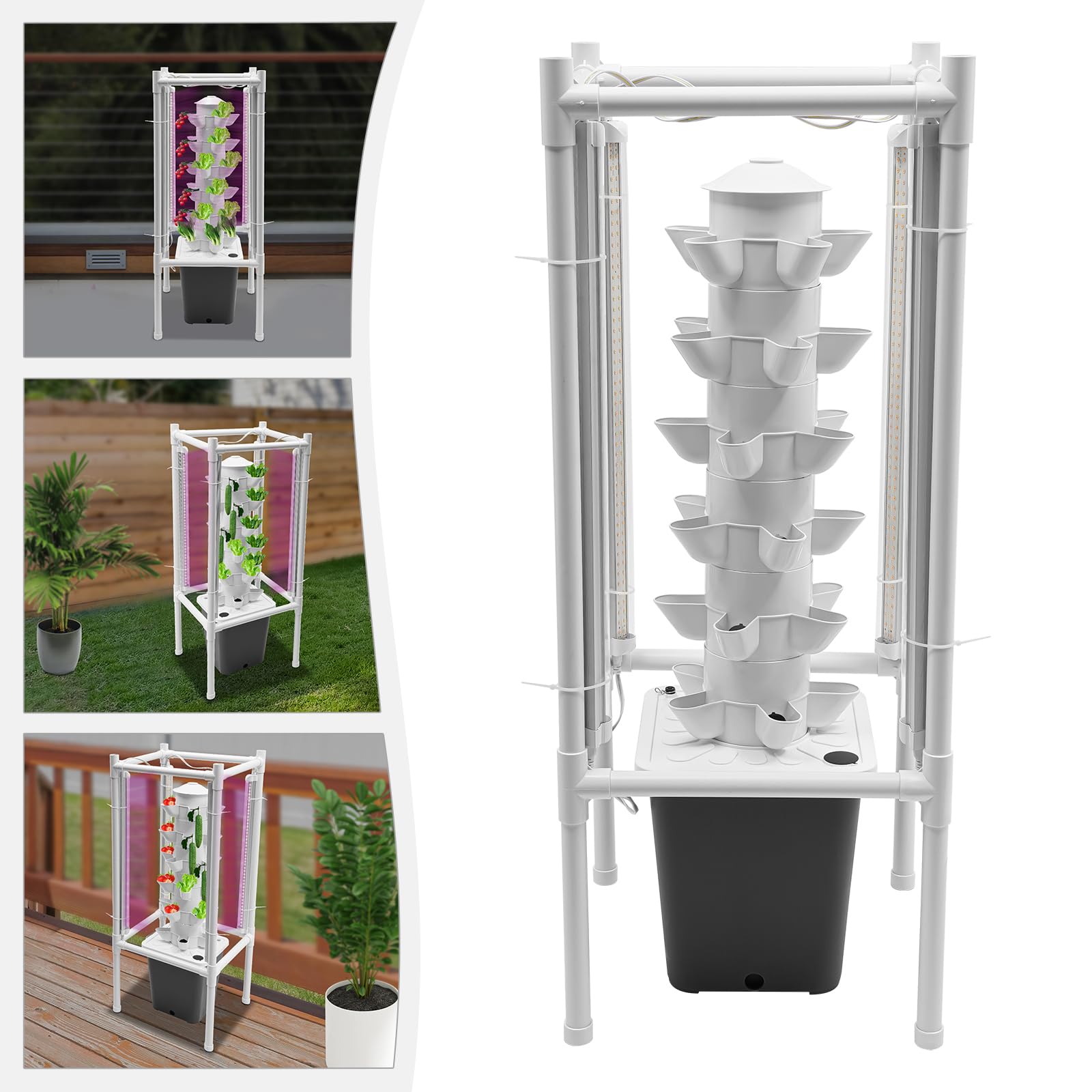 Kit de cultivo hidropónico vertical, 30 agujeros, hidropónico, con LED, kit de germinación vertical para tomates, pepinos, fresas, lechuga, chile (39 x 39 x 97 cm)