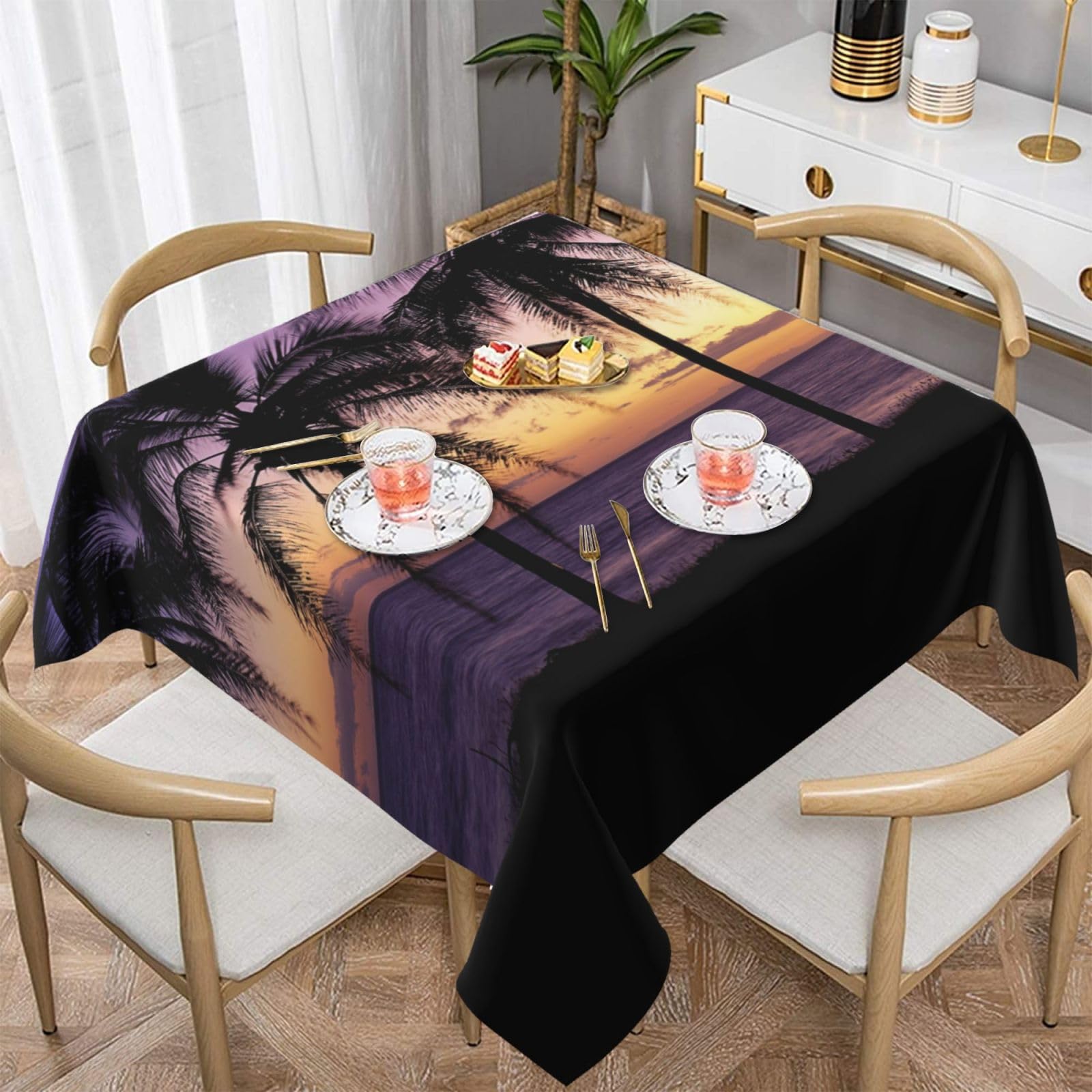 DCEHGEW Sunset Beach Palm Tree Prints Square Tablecloth 152x152 CM, Waterproof Fabric Table Cloth for Dining Table, Farmhouse Table Cover for Kitchen Dining Tabletop Decoration