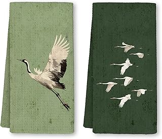 Toallas de cocina japonesas con forma de pájaro con grúa, decoración de toallas de mano color verde, decoración japonesa para cocina y baño, regalos para amantes de los pájaros para mujeres, 16