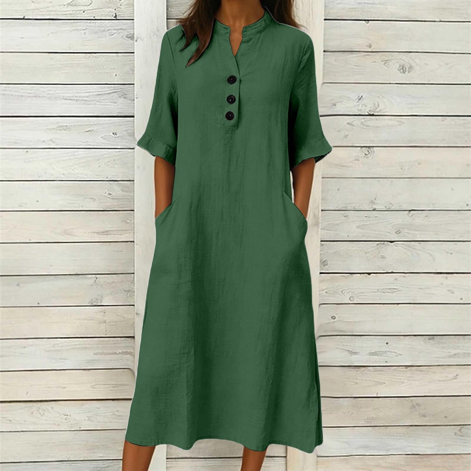 Abito in lino da donna, scollo rotondo, a maniche corte, estivo, in cotone e lino, per il tempo libero, da spiaggia, abito da spiaggia, abito casual da spiaggia