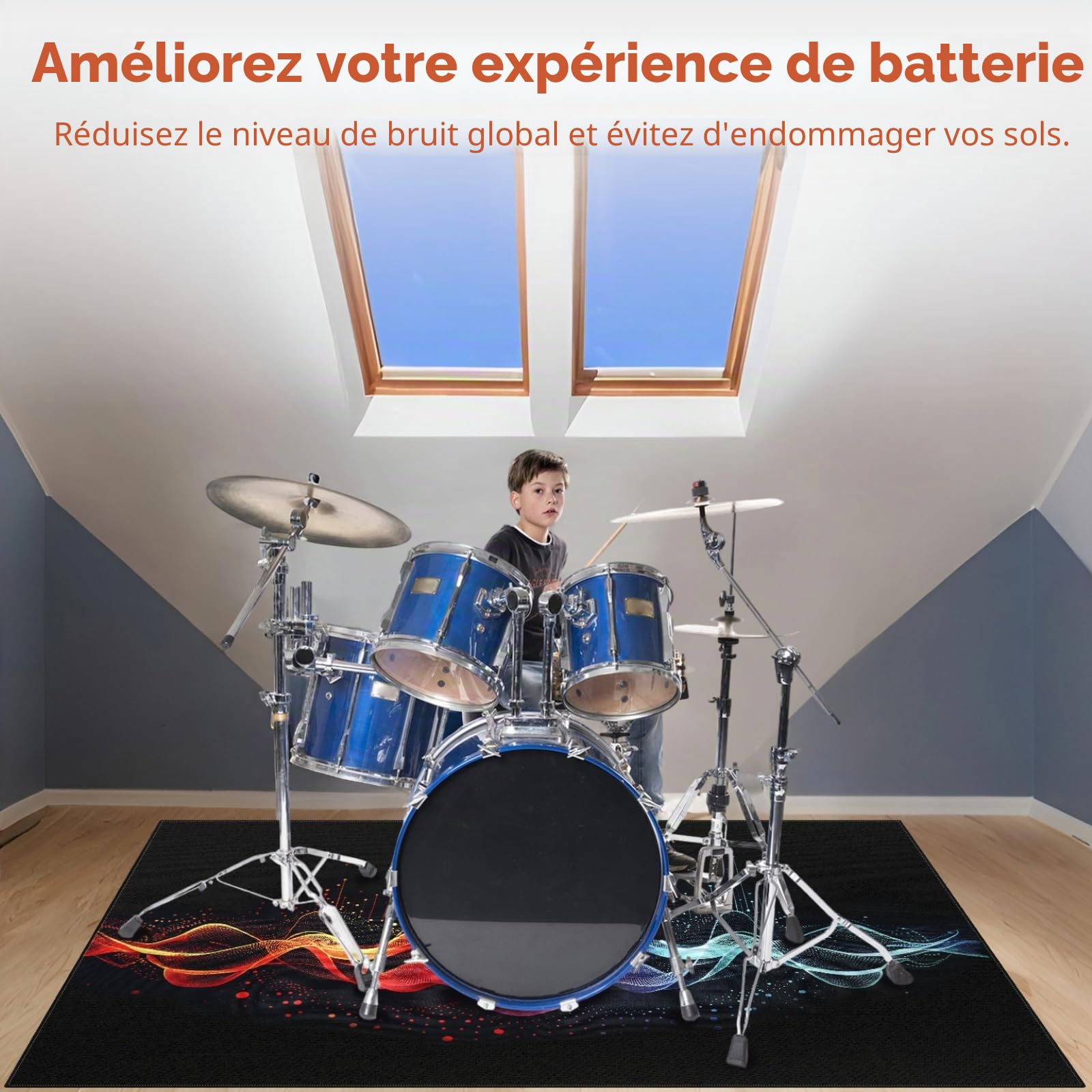 Tapis de batterie 1,5 x 1,5 m avec dos antidérapant, tapis de réduction du bruit, tapis d'insonorisation, accessoires professionnels pour batterie de jazz et