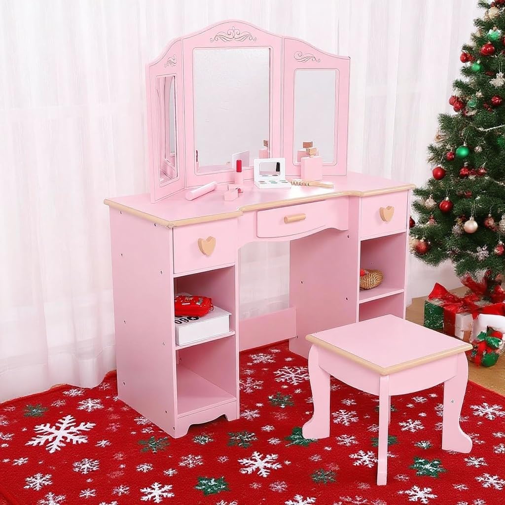Kids Vanity Table with Tri-Folding Mirror and Stool,Vanity Set with Mirror and Drawers for Kid Age 4-9,White