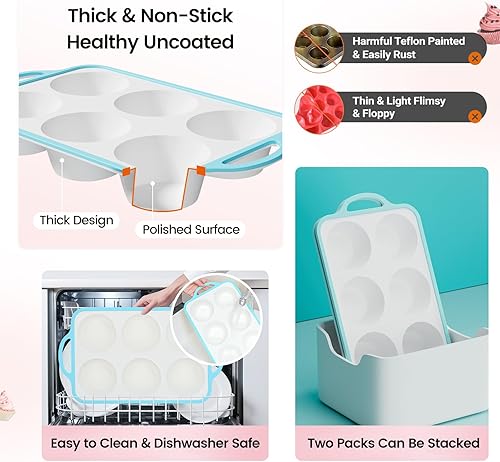 Miniatura 7 de Molde de silicona jumbo para magdalenas con marco de metal, antiadherente de silicona de grado alimenticio, con asas, 6 tazas, sin BPA y apto para