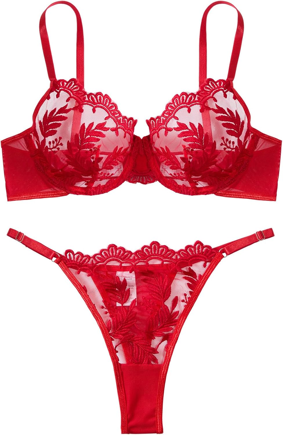 Sexy Leaf Floral Embroidered Underwire Mesh Sheer Lingerie Set 2 Pieces Outfits