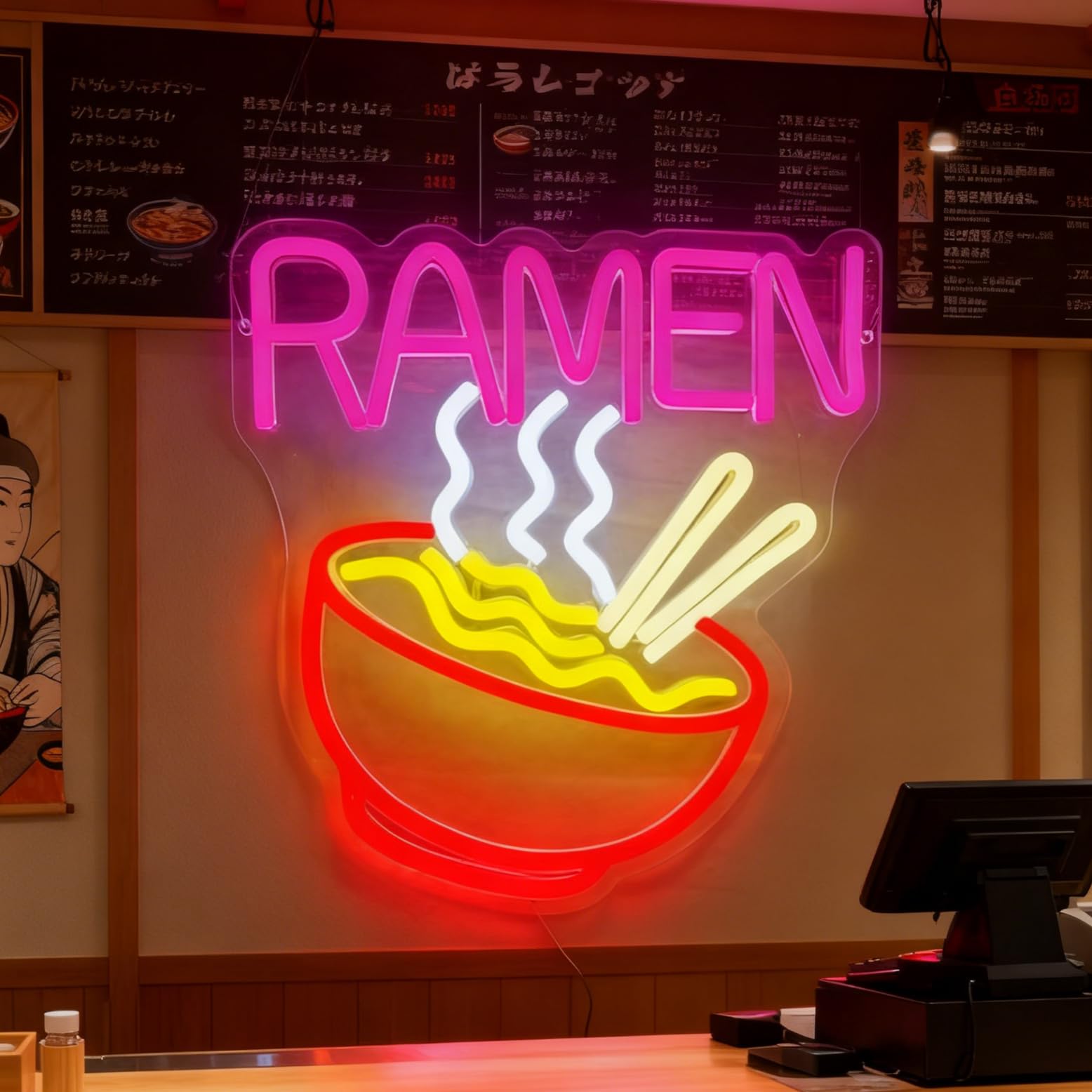 Ramen Bowl Noodles Neon Sign, USB Powered Dimmable Decorative Neon Light Home Ramen Shop Restaurant Cafe Kitchen Food Theme Party Decor Wall Table Light Up Sign 11.8 x 11.4 In