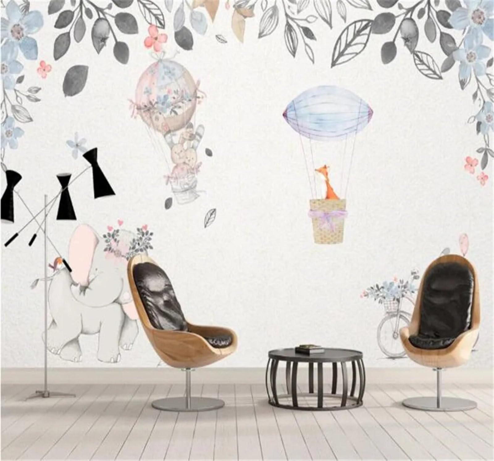 Tzxztt Hand Drawn Leaves Animals Baby Elephant Rabbit Modern 3D Wallpaper Premium Textured Silk Neutral Tones Material Ideal for Living Room Bedroom-350cm×256cm