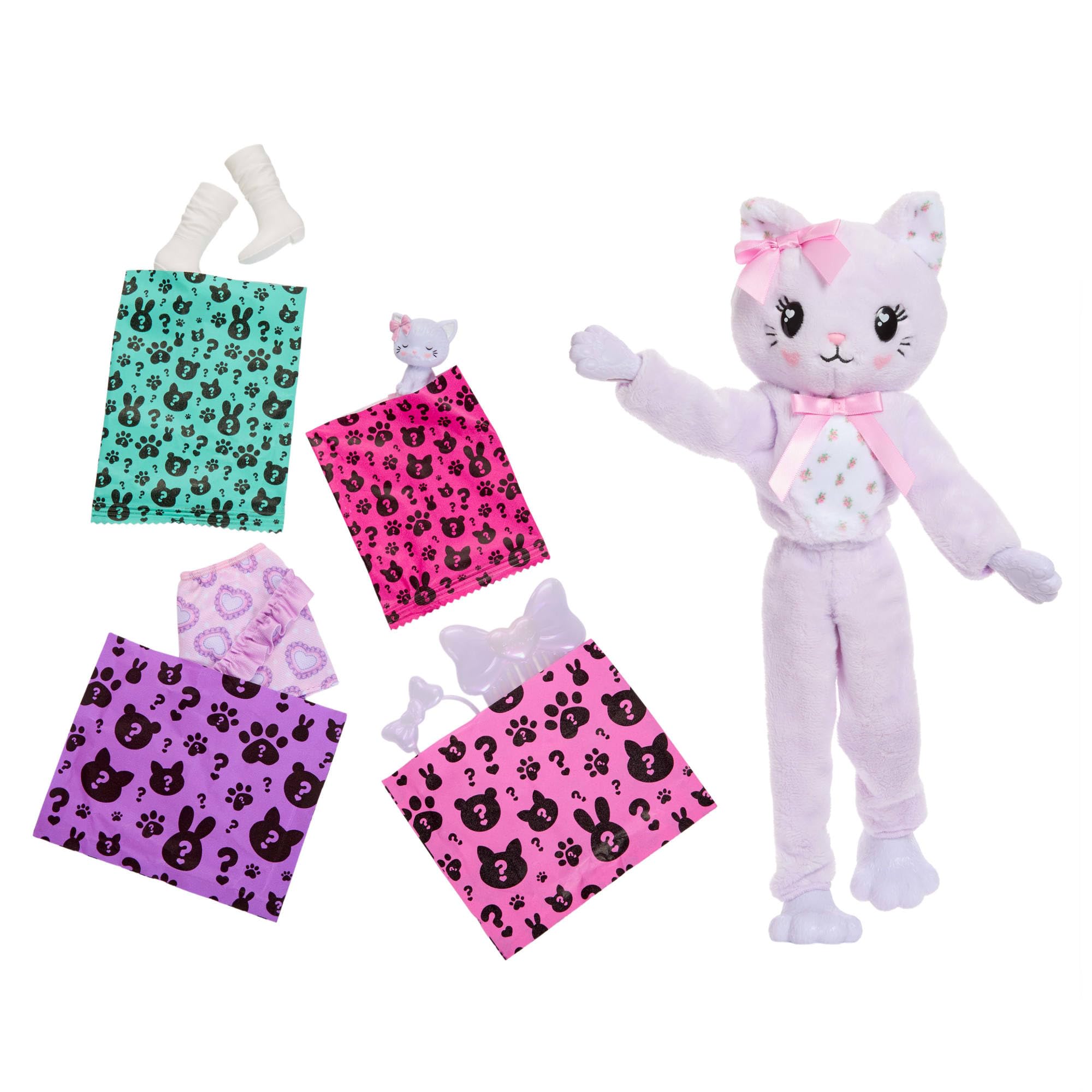 Barbie Cutie Reveal Puppe und Zubehör, Kätzchen der Cuddly-Reihe mit 10 Überraschungen, inklusive Farbänderung und Mini-Haustier, JJP64