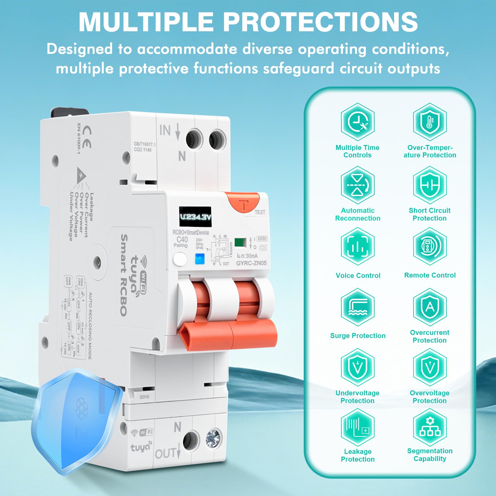 Fi schutzschalter 40A 30mA Typ A 1P+N Tuya wlan automatische wiedereinschaltung wifi fehlerstromschutzschalter AC230V Leitungsschutzschalter Mit Kurzschluss Unter-und Überspannung Überlast GYRC-ZN05