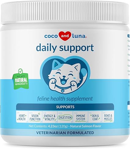 Daily Support Multivitamin for Cats - 4oz Powder - L-Lysine, Taurine, and Spirulina for Immune Support and Eye Health - Fish Oil & Vitamins for Skin and Heart Health. (for Cats)