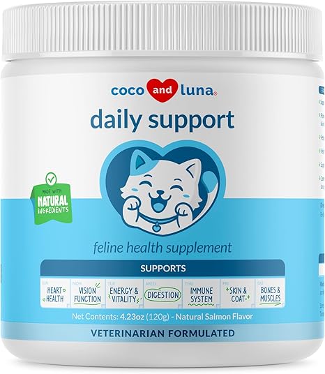 Daily Support Multivitamin for Cats - 4oz Powder - L-Lysine, Taurine, and Spirulina for Immune Support and Eye Health - Fish Oil & Vitamins for Skin and Heart Health. (for Cats)
