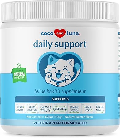 Daily Support Multivitamin for Cats - 4oz Powder - L-Lysine, Taurine, and Spirulina for Immune Support and Eye Health - Fish Oil & Vitamins for Skin and Heart Health. (for Cats)