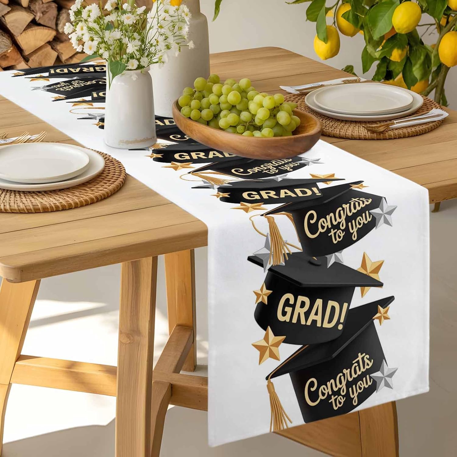 Graduation Cap Table Runner 90 Inches Long, Cotton Linen Kitchen Dinner Table Runners, Burlap Tablerunner for Dresser/Dining/Party/Wedding, Original Traditional American Star Gold