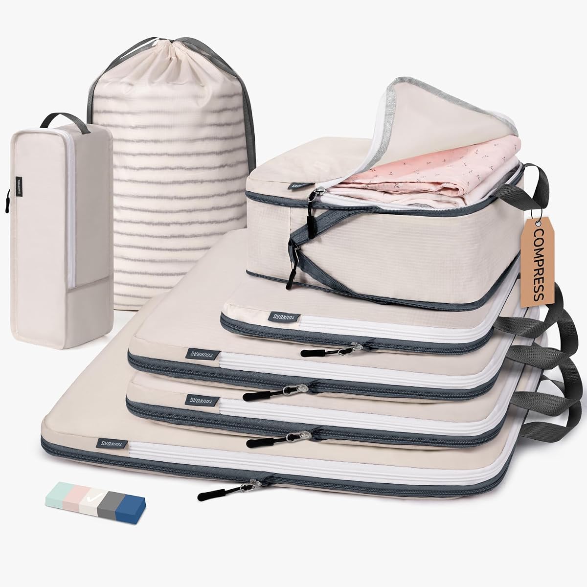 7 Set Packing Cubes for Travel Women, Suitcase Organizer, Beige | Travel Essentials for Suitcase, Luggage Organizer Bags for Travel with Shoe Bag, Travel Bags for Shoes, Clothing