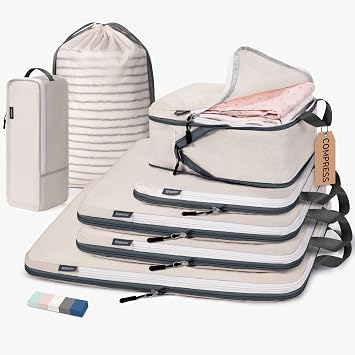 CherryNow 7 Set Packing Cubes for Travel Women, Suitcase Organizer, Beige