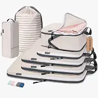 CherryNow Cubos de compressão, 7 conjuntos de sacos de viagem para viagem, itens essenciais de viagem para mochila, cubos de embalagem para compressão de viagem, bege