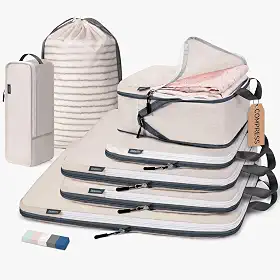 CherryNow Cubos de compressão, 7 conjuntos de sacos de viagem para viagem, itens essenciais de viagem para mochila, cubos de embalagem para compressão de viagem, bege