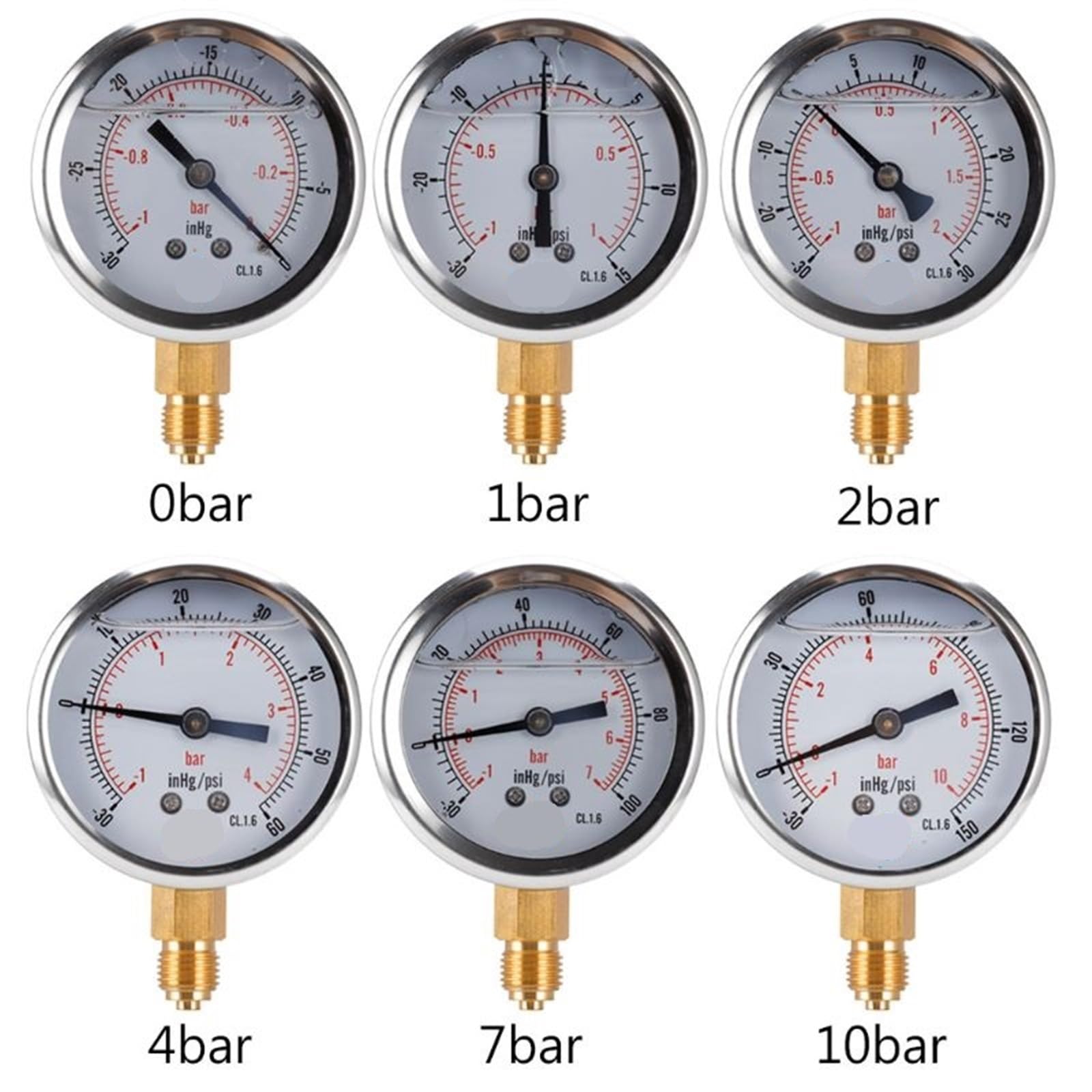 Manómetro de vacío compuesto de fondo de 1/4 con relleno de glicerina de 68 mm -1/+10 bar y -30-150 inhg/psi, 1 unidad(0bar)