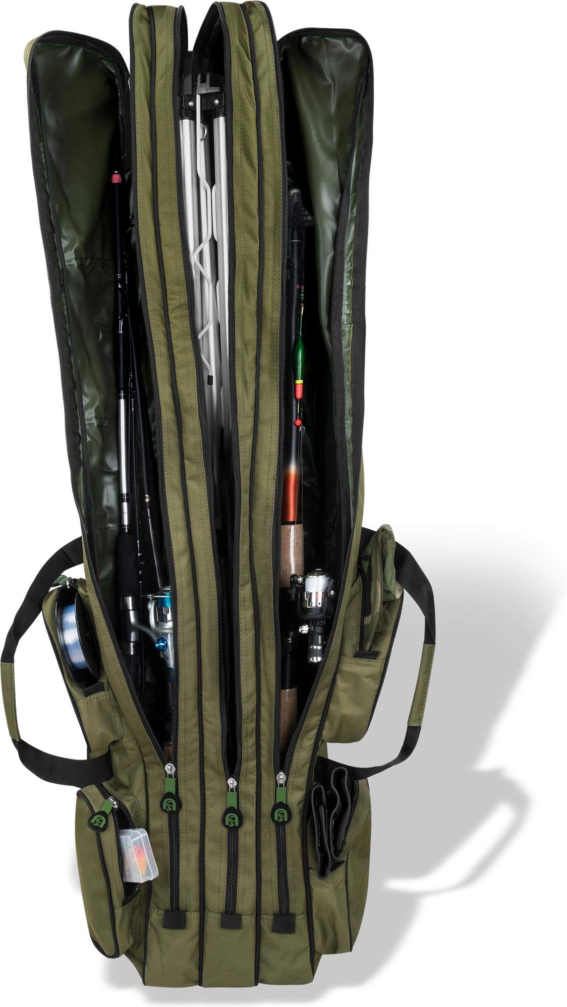 normani XXL Angel Tasche Futteral 190cm oder 210cm Rutentasche Anglerrucksack - 8 Taschen für 6 Ruten und Kescher Olive 190 cm