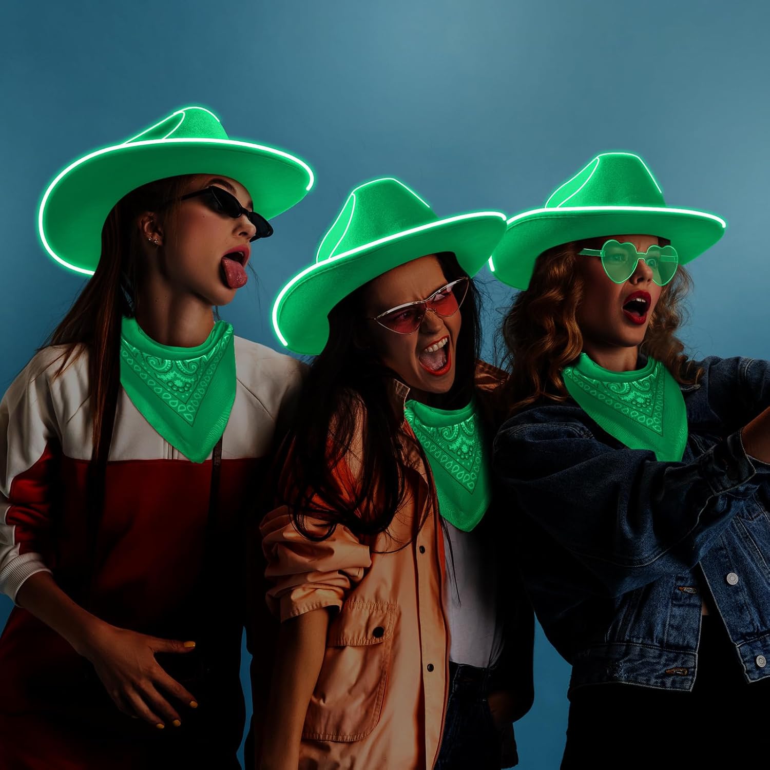 12 Pcs Cowboy Light up Hat Set Include 4 LED Holographic Cowgirl Hats 4 Paisley Bandanas 4 Heart Sunglasses for Wedding - Image 6