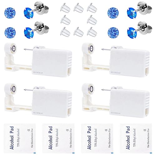 Miniatura 1 de Juego de 4 pistolas para perforación de orejas, desechables y seguras, con aretes (azul) Azul,Dorado,Grisclaro,Naranja,Rosa,Plata- Blanco,Blanco