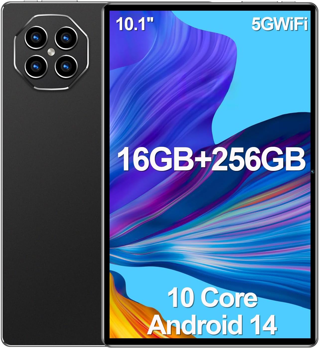 Tablet 10.1 inch Android 14 Tablets, 16GB RAM 256GB ROM,16MP+32MP Camera,10 Core Tablet PC, 2560 * 1600 HD Touch Screen,Smart-K Dual Speakers, 10000mAh, GPS, WiFi (Black)