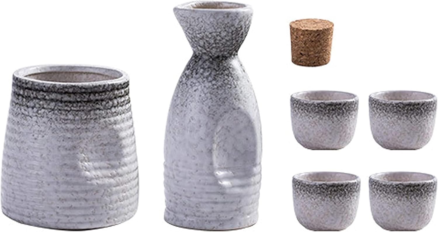 Concise Sake Set Mugs with Warmer Storage Box for Sake Traditional Porcelain Japanese Ceramic Sake Set with A Sake Bottle, Four Wine Glasses