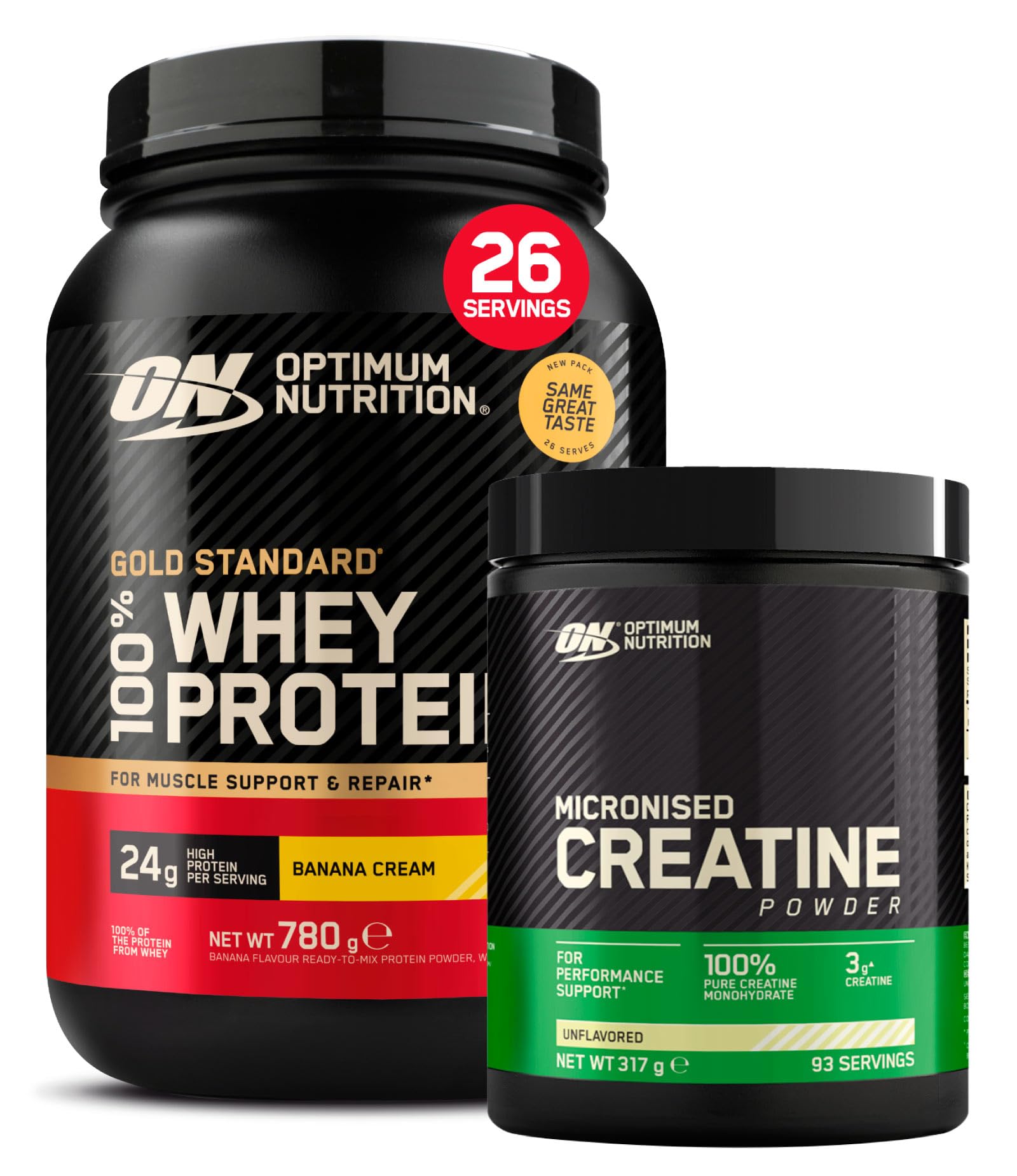 Optimum Nutrition Gold Standard 100% Whey Proteine in Polvere e Aminoacidi Crema di Banana 780g 26 Porzioni + Micronised Creatine Monohydrate Performance Non Aromatizzata 317g 93 Porzioni
