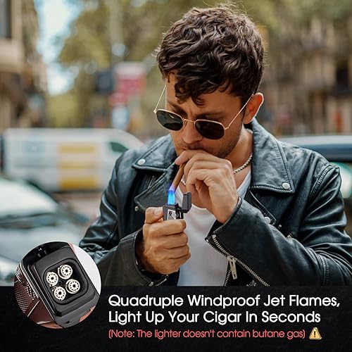Miniatura 2 de Encendedor de puros todo en uno con llamas de antorcha cuádruple, soporte para puros, ponche de puros, potenciador de extracción de puros,